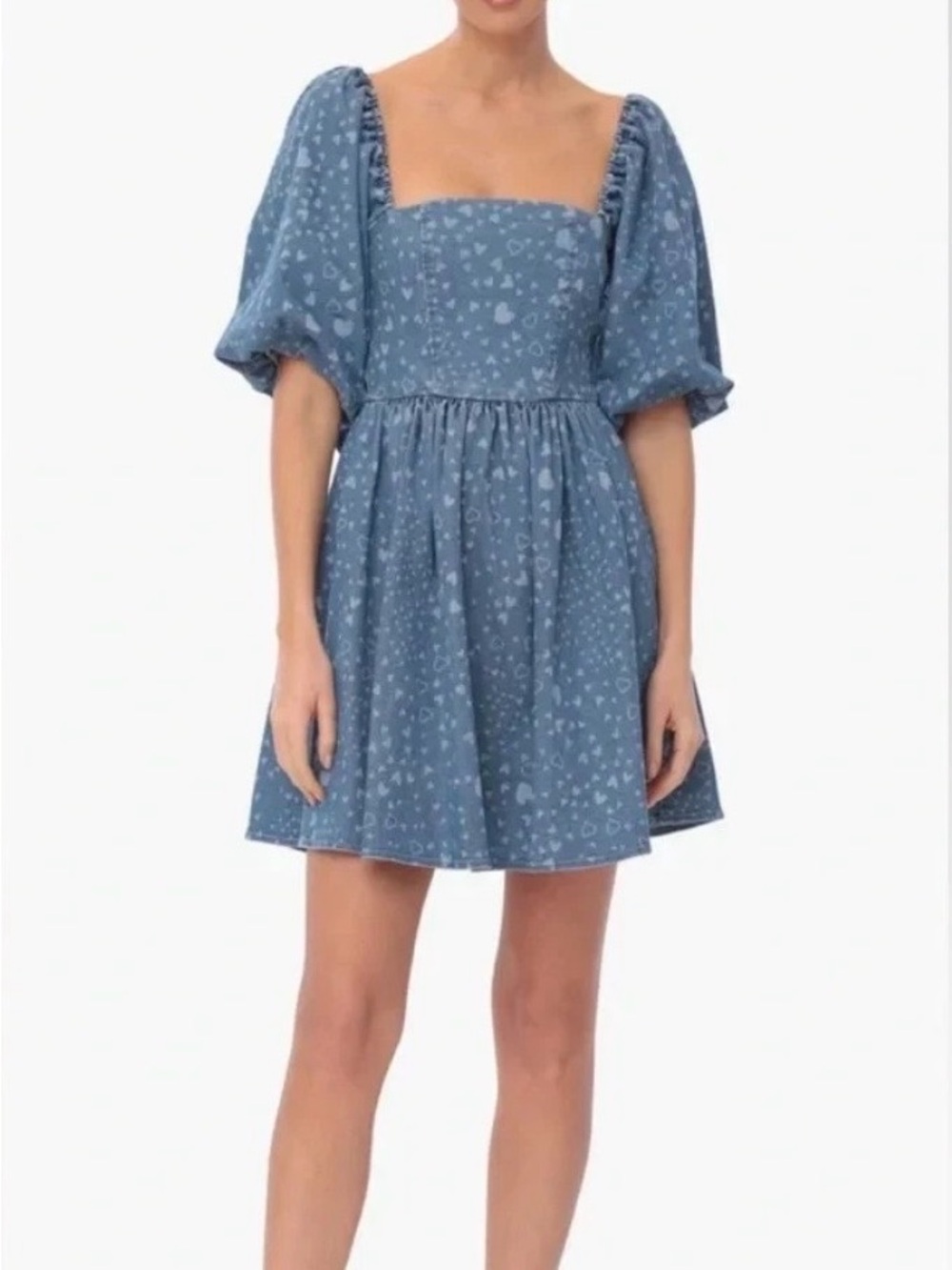 NWTs AVEC LES FILLES Denim Babydoll Mini Dress - Bow Puff Sleeves
